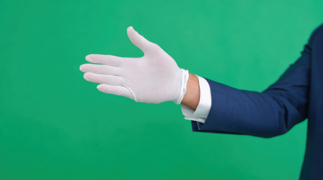 Welcoming business professional hand with white glove offers greeting gesture. man in blue suit stands on green background