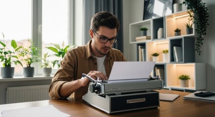 Man typing on vintage typewriter at modern desk