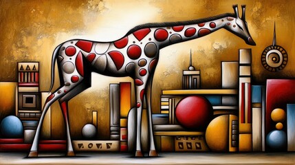 An abstract painting of a giraffe standing in a stylized cityscape, with geometric shapes and a warm color palette.