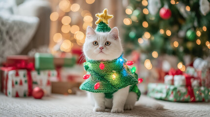 Adorable cute white kitten cat wearing festive Christmas tree costume. funny animal portrait for winter holiday celebration at home