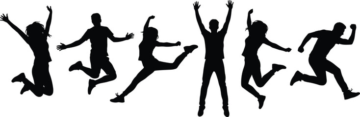 Silhouettes of energetic people jumping in dynamic poses expressing joy, freedom, vitality, celebration, movement, youth, happiness, and excitement