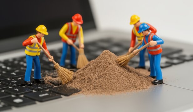 Miniature construction workers clean up sand on a laptop keyboard in a quirky digital scene