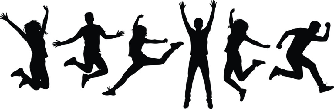 Silhouettes of energetic people jumping in dynamic poses expressing joy, freedom, vitality, celebration, movement, youth, happiness, and excitement