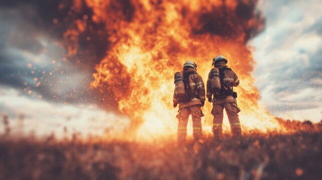 Firefighters stand near a massive blaze during a dramatic fire response event