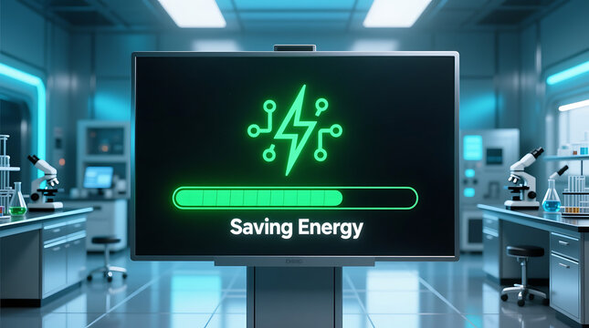 Powering a greener future with science, showcasing energy savings on a digital screen in a modern lab, representing sustainable research and development