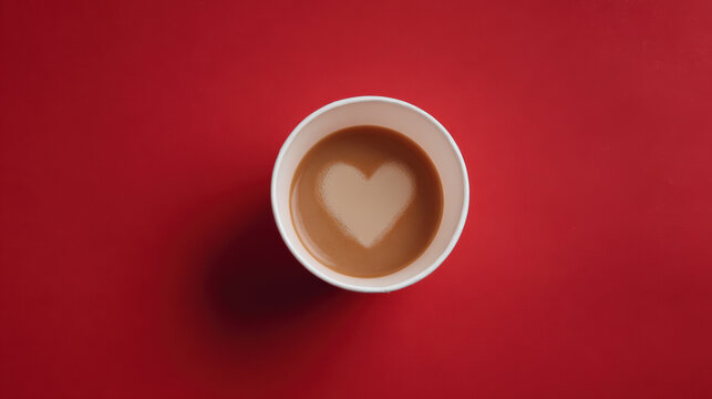 Loving coffee cup with heart latte art on red background. This top view shows romantic beverage, symbol of affection and warmth