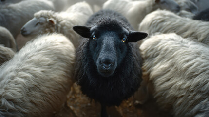 Fototapeta premium Unique black sheep, different individual standing out from white flock. standout portrait of contrast and individuality in crowd
