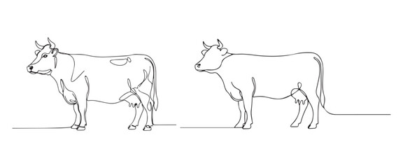 Minimal Continuous Line Art Vector of Standing and Grazing Cows on White Background