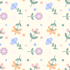 Seamless floral pattern with pastel colors, featuring delicate flower blooms arranged on a soft, creamy background. The design is simple, elegant, and perfect for various applications. 
