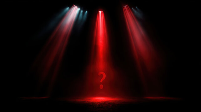 Dramatic red spotlight on dark stage illuminates mystery question mark. suspenseful, misty light beam creates an unknown background concept