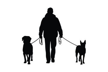 Silhouette of a person walking two dogs on leashes outdoors