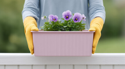 Joyful woman gardening holding pink flower box with purple pansy plant. Person wearing yellow glove for this outdoor spring hobby on balcony