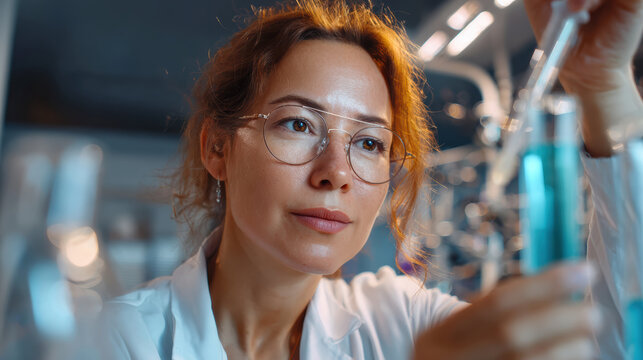 Focused asian woman scientist conducts medical research in modern laboratory. professional science test with blue liquid in flask