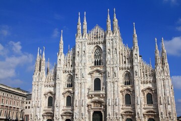 Milan Cathedral, Italy. Gothic style marble church facade. Italy landmark.