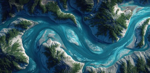 Aerial River Vista: A captivating aerial view unveils the mesmerizing network of a vibrant turquoise river, meandering gracefully through the lush landscape.
