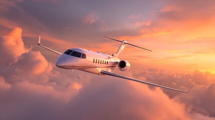Private jet aircraft flying through dramatic sunset clouds at high altitude