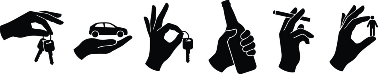 Silhouette hands holding car keys, beer, cigarette, human figure — concept of control, responsibility, addiction, driving safety, lifestyle choices
