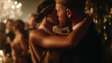 Gatsby-Themed Couple Kissing on a Glamorous Party Dance Floor