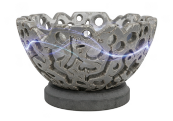 Ornate stone bowl with electric energy flowing through isolated on transparent background for decor and art displays
