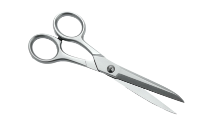Steel scissors, slightly open, with rounded handles, on black