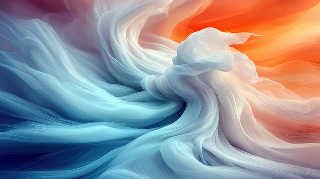 An abstract image featuring flowing waves of color, with blue and white tones contrasting against a warm orange background.