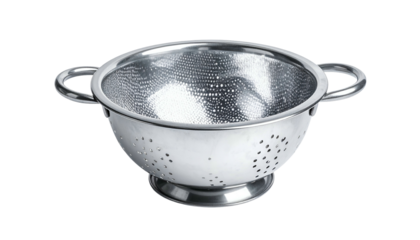 Shiny metal colander with round holes, two handles, on black