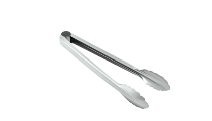 Silver metal tongs for kitchen use isolated against black