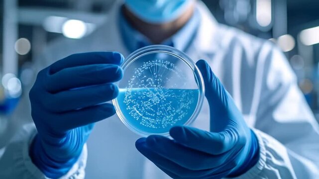 Scientist examining petri dish in lab.