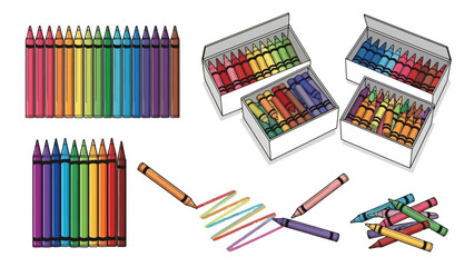 Vibrant set of colorful drawing crayons arranged in various styles, perfect for artistic expression, creativity, and school projects on a white background