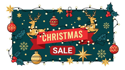 Festive Holiday Season Sale Banner featuring Elegant Reindeer, Twinkling Lights, and Decorative Ornaments for Winter Shopping Promotions