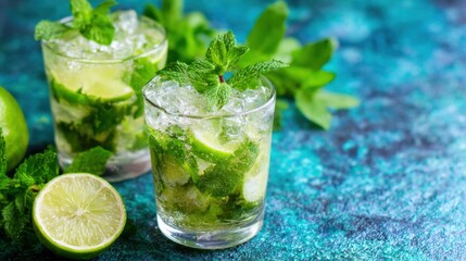 Fototapeta premium Refreshing mojito drinks with lime and mint on a vibrant blue surface