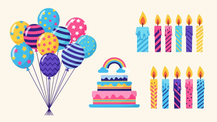 Vibrant collection of festive birthday elements colorful patterned balloons, a delightful rainbow layered cake, and decorative celebration candles, perfect for joyful occasions