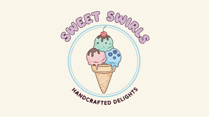 Sweet Swirls Handcrafted Delights vector logo with triple scoop ice cream cone design