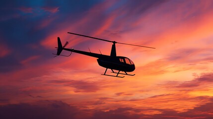 Silhouette of a helicopter flying against a vibrant sunset sky