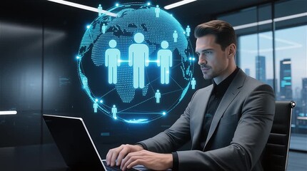 Confident businessman collaborating globally online with team, presenting innovative networking solutions from modern office using laptop technology - Powered by Adobe