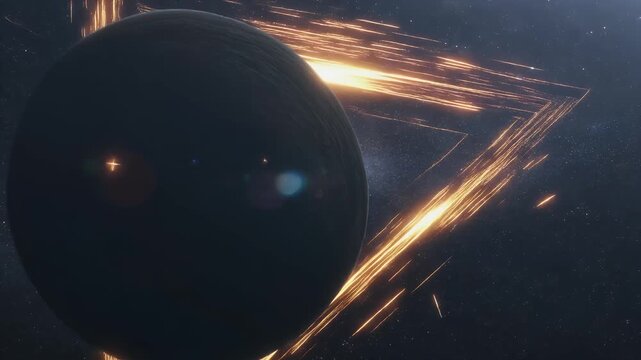 Abstract dark sphere inside a glowing triangle with sparks.