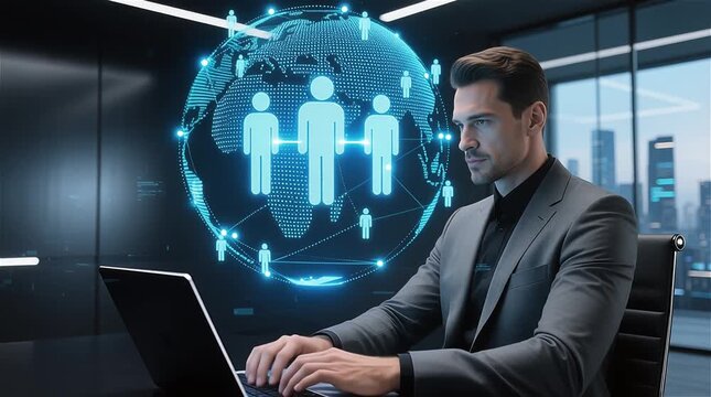 Confident businessman collaborating globally online with team, presenting innovative networking solutions from modern office using laptop technology