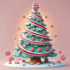 A whimsical Christmas tree made of frosted candy leaves, wrapped in peppermint ribbon and topped with red-and-white sweets, set in a magical candyland scene.