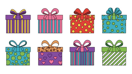 Colorful Vector Illustrations of Gift Boxes with Various Patterns and Bows for Festive Occasions