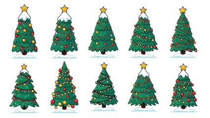 Collection of ten decorated Christmas trees with snow and lights, perfect for festive designs and holiday celebrations