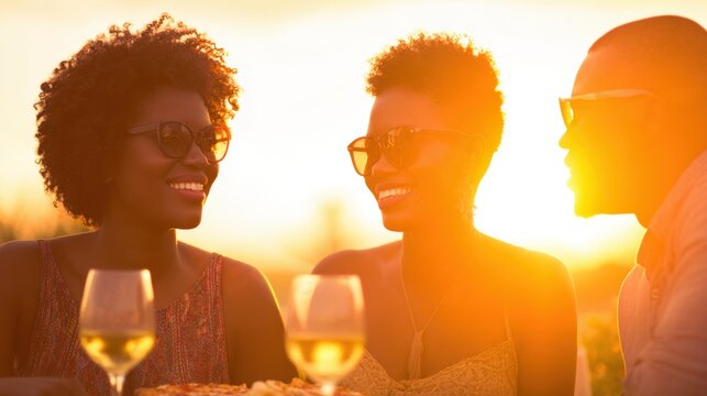 Friends enjoying drinks and laughter during sunset at a rooftop gathering - Powered by Adobe