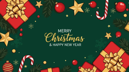 Festive Merry Christmas and Happy New Year holiday greeting card with gift boxes, ornaments, candy canes and pine branches