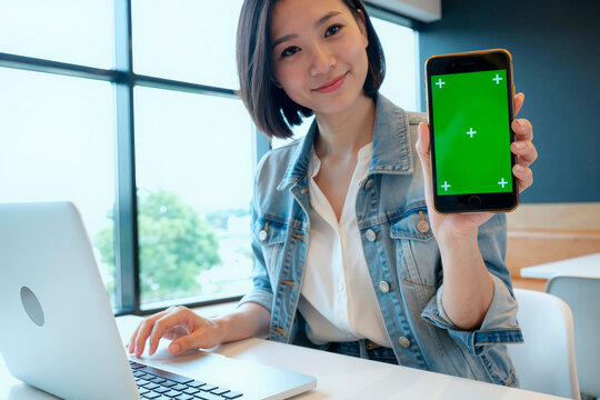Portrait of young adult Asian woman smiling and looking at camera while sitting at desk, holding smartphone with green screen in hand, using laptop in modern office setting