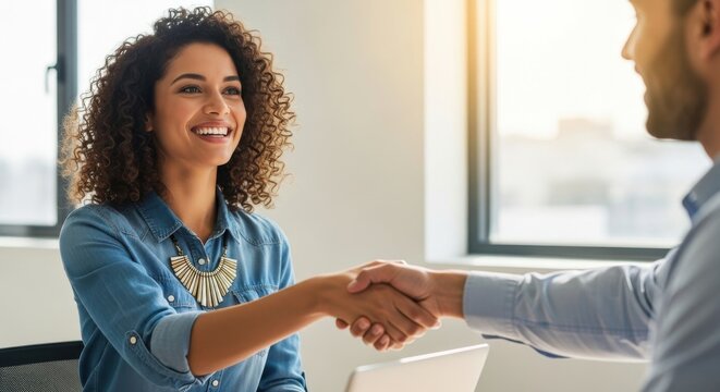 Diverse business colleagues shaking hands in modern office - Powered by Adobe
