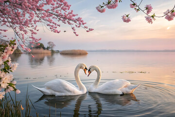 Graceful white swans swim on the beautiful blue lake water, their reflection shimmering in nature