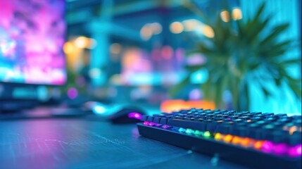 Colorful gaming setup with illuminated keyboard and vibrant screen display