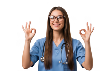 Smiling nurse with glasses gives two thumbs up isolated on transparent background