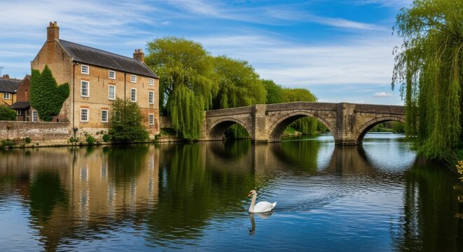 White swan swims past historic house and bridge.
