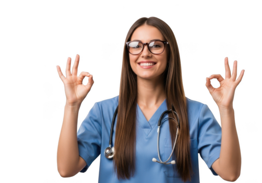Smiling nurse with glasses gives two thumbs up isolated on transparent background