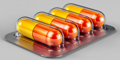 three colorful pills arranged in a shiny metal tray, vibrant hues of red, blue, and yellow, soft reflections on a smooth surface,